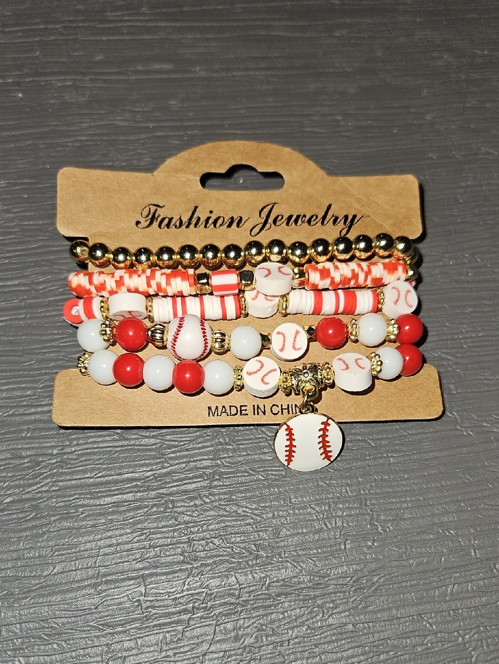 Fashion Jewelry Red, White & Gold Baseball Charm Bracelet Stack New